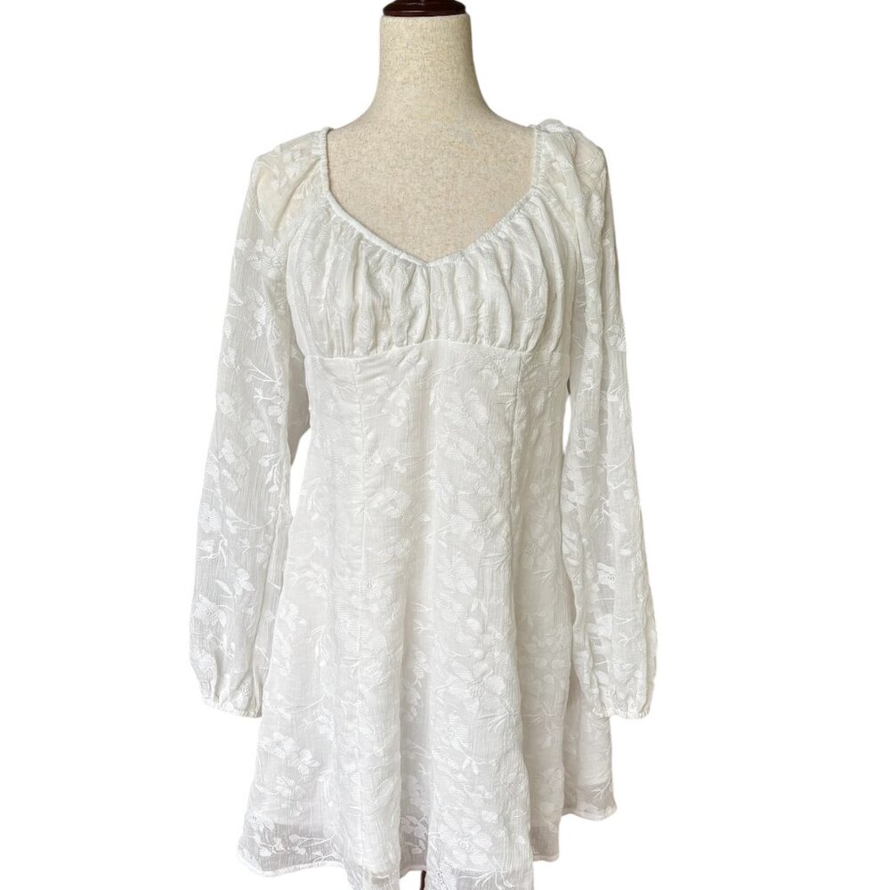 White Fable Puff Sleeve Mini Dress Open‎ Back Floral Sheer Cottagecore Sz M